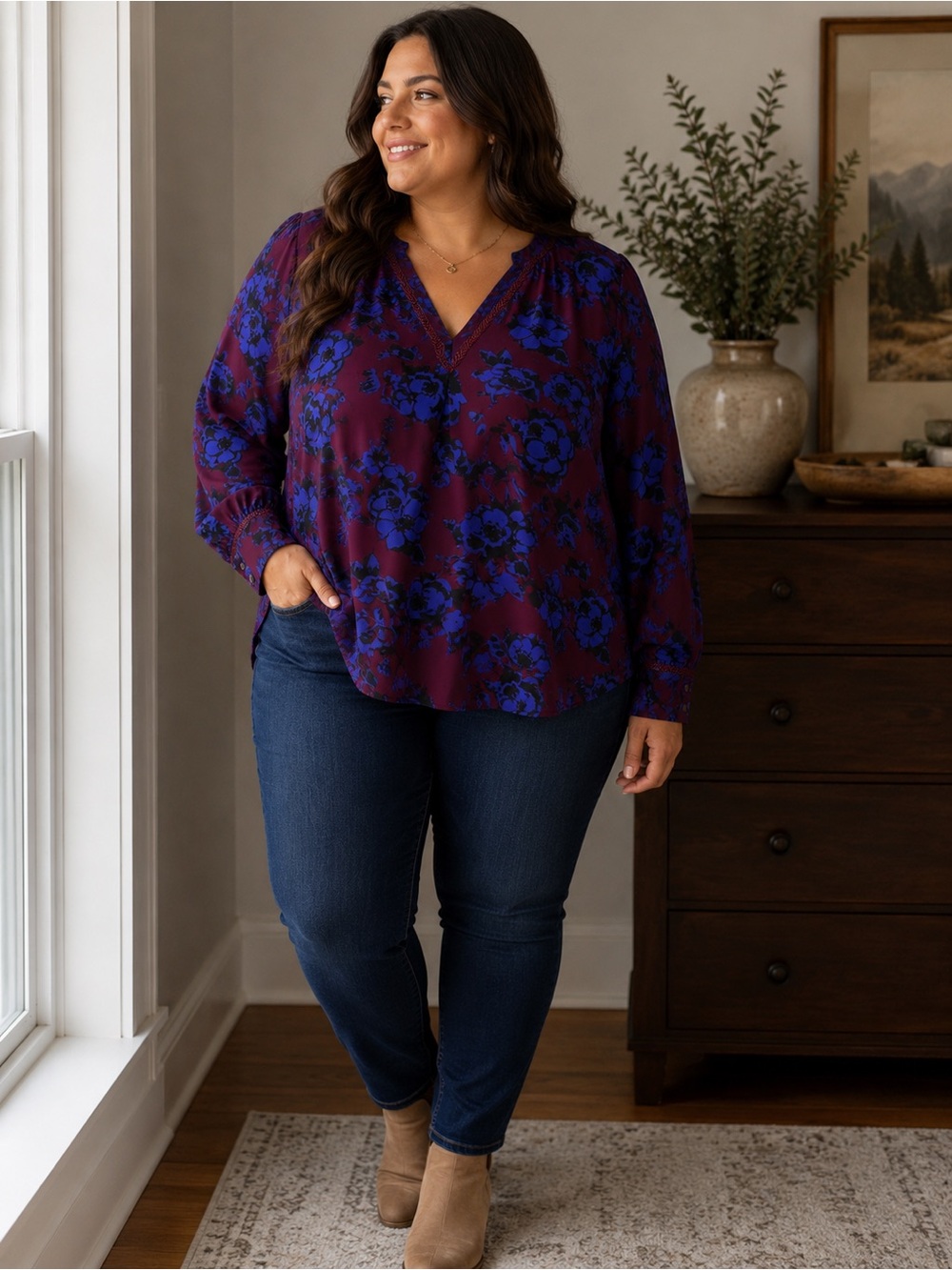 41 Hawthorn 2X Plum Blue Floral V-Neck Long Sleeve Plus Size Blouse